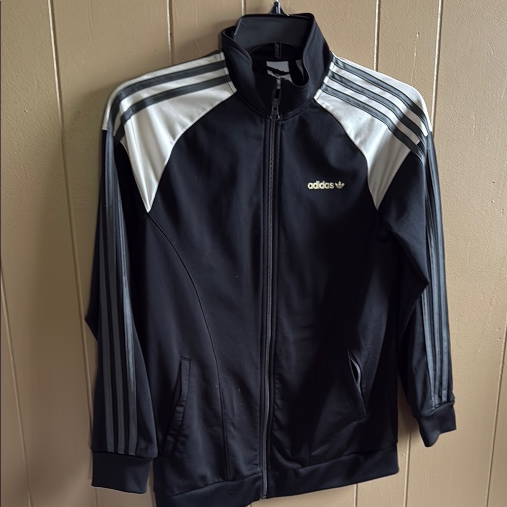 Adidas Black and White Tracksuit Jacket with Ribbed Cuffs